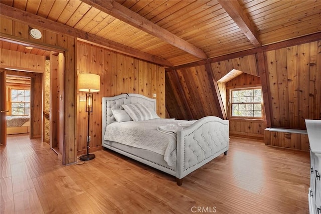 bedroom with wood finished floors, wooden ceiling, and beam ceiling