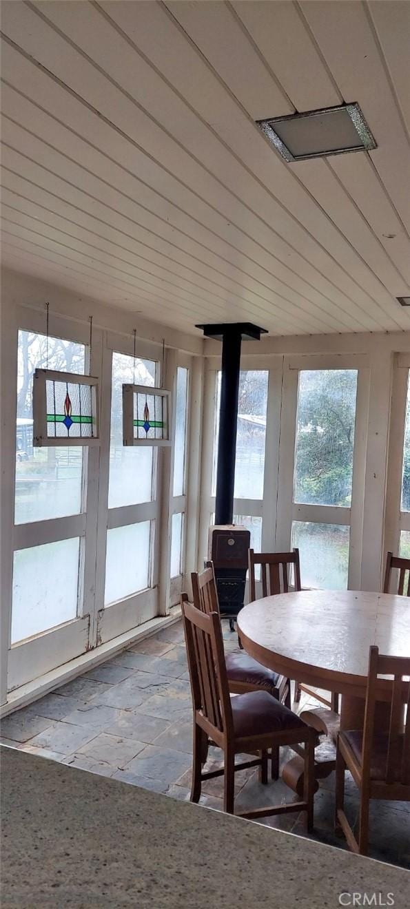 sunroom / solarium with a wood stove