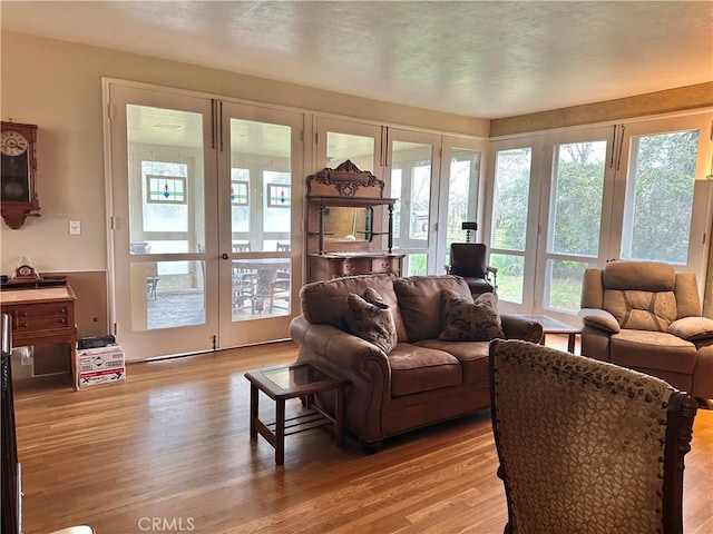 living area featuring light wood finished floors and french doors