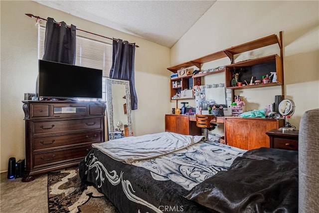 25301 Pine Creek Ln, Wilmington, CA 90744 - bedroom with carpet flooring, vaulted ceiling, and a textured ceiling