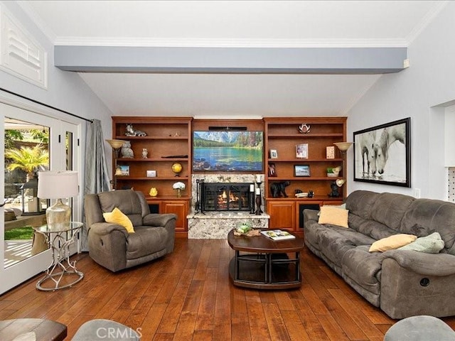 2565 Cliff Rd, Upland, CA 91784 - living room featuring lofted ceiling with beams, a fireplace, crown molding, and dark wood-type flooring