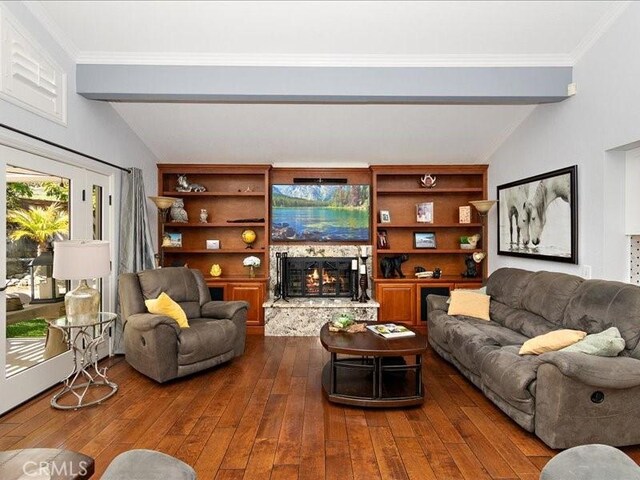 2565 Cliff Rd, Upland, CA 91784 - living room featuring hardwood / wood-style floors, a fireplace, and crown molding