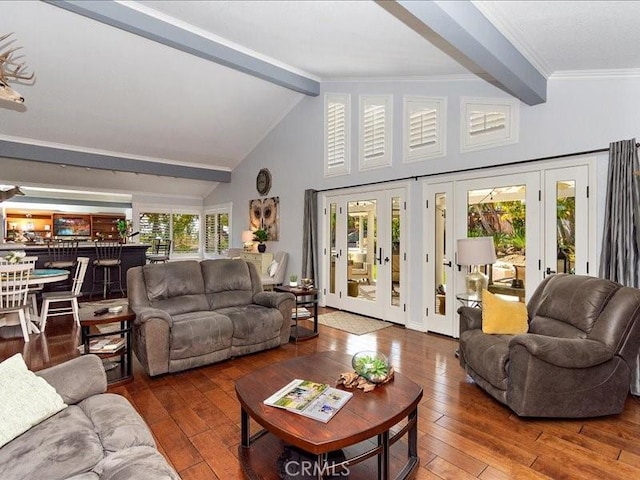 2565 Cliff Rd, Upland, CA 91784 - living room featuring crown molding, hardwood / wood-style flooring, high vaulted ceiling, and beam ceiling