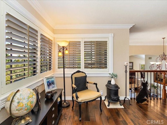 2565 Cliff Rd, Upland, CA 91784 - living area featuring a chandelier, hardwood / wood-style floors, ornamental molding, and arched walkways