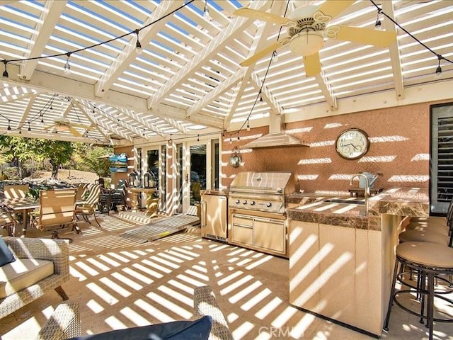 2565 Cliff Rd, Upland, CA 91784 - view of patio / terrace featuring a ceiling fan, outdoor dining space, a sink, a pergola, and an outdoor kitchen