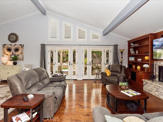 2565 Cliff Rd, Upland, CA 91784 - living room featuring a stone fireplace, lofted ceiling with beams, french doors, and hardwood / wood-style flooring