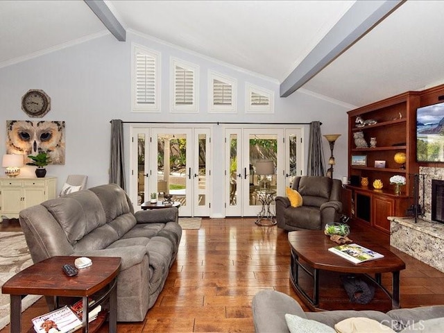 2565 Cliff Rd, Upland, CA 91784 - living room with wood-type flooring, french doors, a fireplace, and crown molding