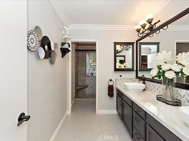 2565 Cliff Rd, Upland, CA 91784 - full bathroom featuring double vanity, crown molding, and tile patterned flooring