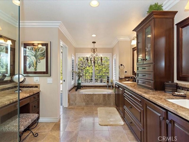 2565 Cliff Rd, Upland, CA 91784 - full bath featuring a sink, recessed lighting, double vanity, a notable chandelier, and a bath