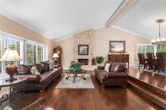 2565 Cliff Rd, Upland, CA 91784 - living area featuring dark wood-type flooring, a chandelier, and a brick fireplace