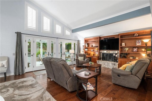 2565 Cliff Rd, Upland, CA 91784 - living room with french doors, a fireplace with raised hearth, wood-type flooring, and high vaulted ceiling