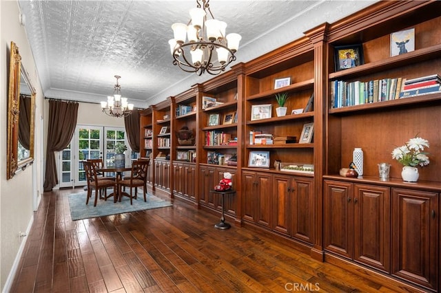2565 Cliff Rd, Upland, CA 91784 - home office featuring a chandelier, dark wood-type flooring, and an ornate ceiling