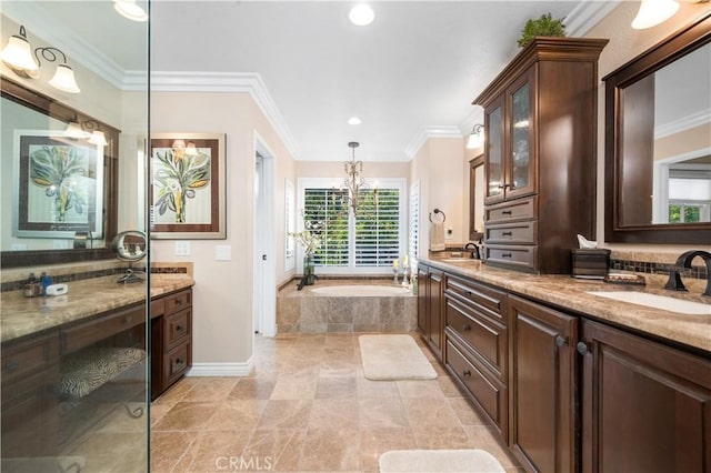 2565 Cliff Rd, Upland, CA 91784 - full bathroom featuring double vanity, a bath, ornamental molding, recessed lighting, and a chandelier