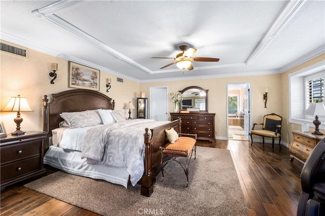2565 Cliff Rd, Upland, CA 91784 - bedroom with a raised ceiling, dark wood-style flooring, multiple windows, crown molding, and ceiling fan
