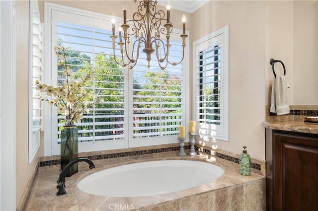 2565 Cliff Rd, Upland, CA 91784 - full bath with a bath, a chandelier, vanity, and ornamental molding
