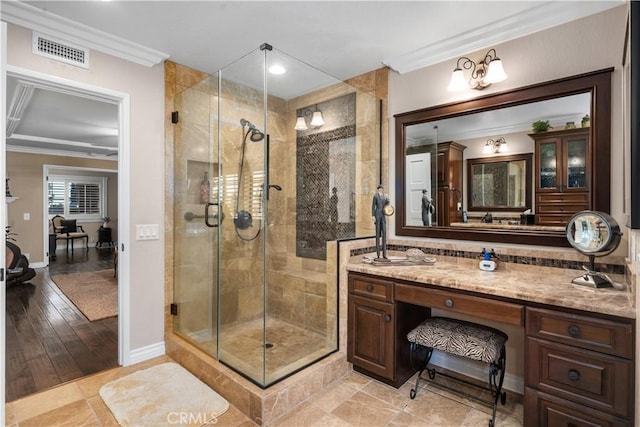 2565 Cliff Rd, Upland, CA 91784 - full bath with crown molding, a stall shower, vanity, and recessed lighting