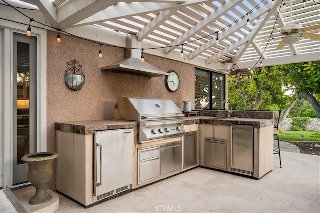 2565 Cliff Rd, Upland, CA 91784 - view of patio featuring exterior kitchen, a pergola, and a ceiling fan