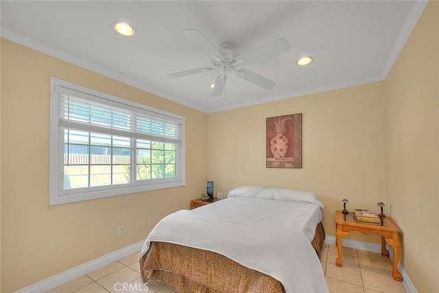 bedroom with light tile patterned floors, ornamental molding, baseboards, recessed lighting, and ceiling fan