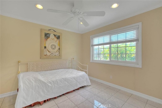bedroom with light tile patterned floors, baseboards, recessed lighting, and ceiling fan