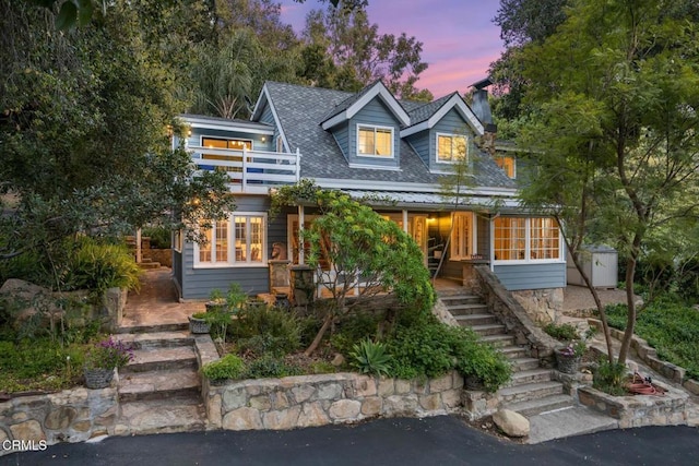12617 Koenigstein Rd, Santa Paula, CA 93060 - view of front of property with a balcony, a storage shed, stairs, a chimney, and an outdoor structure