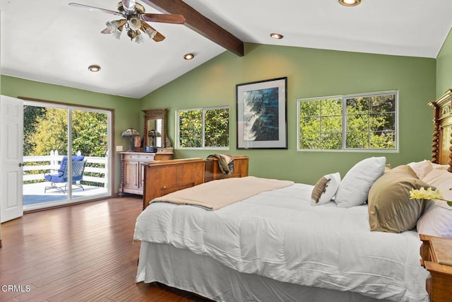 12617 Koenigstein Rd, Santa Paula, CA 93060 - bedroom with wood finished floors, recessed lighting, a ceiling fan, access to exterior, and vaulted ceiling with beams
