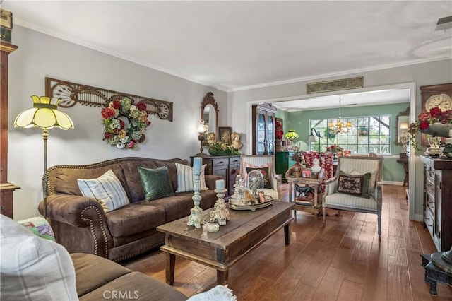 31065 Avenida Del Reposo, Temecula, CA 92591 - living area with wood-type flooring, ornamental molding, and an inviting chandelier