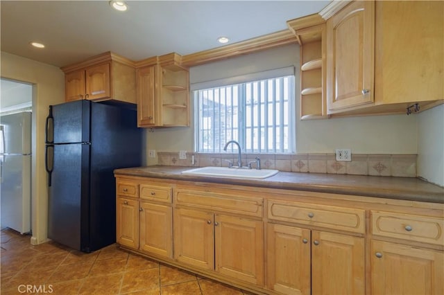 9408 Poplar Ave, Fontana, CA 92335 - kitchen with open shelves, a sink, freestanding refrigerator, light tile patterned floors, and recessed lighting