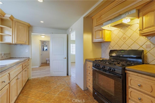 9408 Poplar Ave, Fontana, CA 92335 - kitchen featuring black gas range, exhaust hood, recessed lighting, decorative backsplash, and open shelves