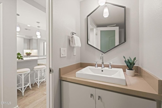 bathroom with wood finished floors, vanity, and visible vents