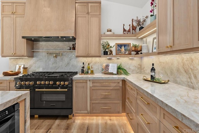 5186 Maynard St, San Diego, CA 92122 - kitchen featuring gas range oven, light brown cabinetry, open shelves, and tasteful backsplash