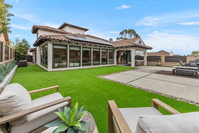 5186 Maynard St, San Diego, CA 92122 - back of house with a patio, a tiled roof, a fenced backyard, and stucco siding