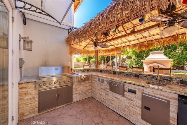 991 Clear Sky Pl, Simi Valley, CA 93065 - view of patio with an outdoor kitchen, a ceiling fan, and a gazebo