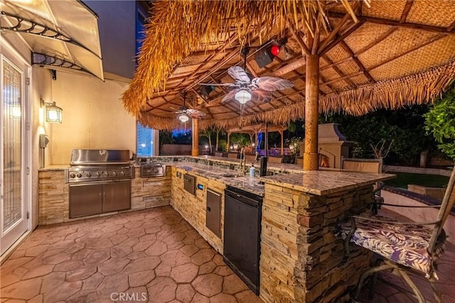 991 Clear Sky Pl, Simi Valley, CA 93065 - view of patio / terrace featuring exterior kitchen, a ceiling fan, and a gazebo