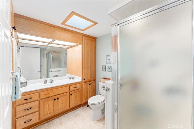 full bathroom with a shower stall, toilet, and vanity