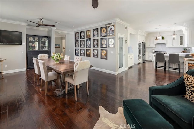 27705 Essex Pl, Valencia, CA 91354 - dining area with dark wood finished floors, crown molding, and a ceiling fan