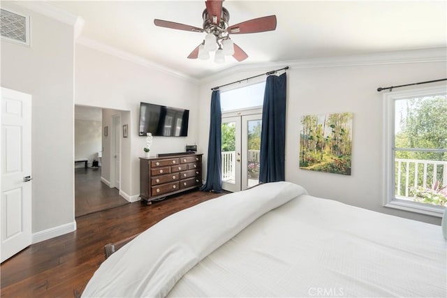 27705 Essex Pl, Valencia, CA 91354 - bedroom featuring access to exterior, ornamental molding, wood finished floors, and a ceiling fan