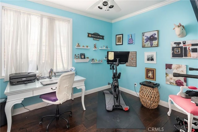 27705 Essex Pl, Valencia, CA 91354 - home office with crown molding, wood finished floors, and ceiling fan