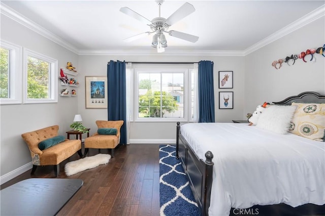 27705 Essex Pl, Valencia, CA 91354 - bedroom featuring multiple windows, dark wood-style flooring, ornamental molding, and a ceiling fan