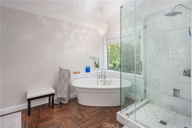 27705 Essex Pl, Valencia, CA 91354 - full bath featuring a stall shower, a freestanding tub, and a chandelier