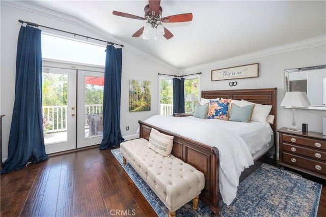 27705 Essex Pl, Valencia, CA 91354 - bedroom with lofted ceiling, access to exterior, dark wood finished floors, french doors, and ceiling fan