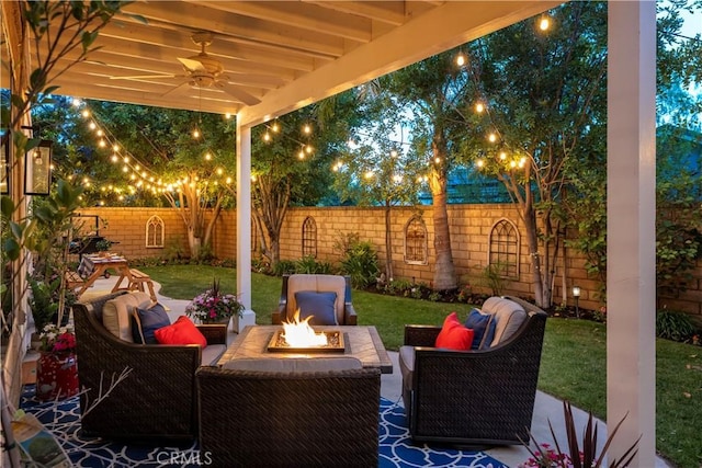 27705 Essex Pl, Valencia, CA 91354 - fenced backyard featuring a ceiling fan, an outdoor living space with a fire pit, and a patio area