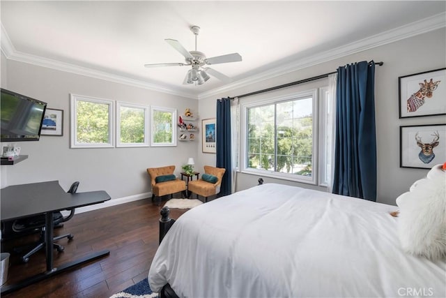 27705 Essex Pl, Valencia, CA 91354 - bedroom with ornamental molding, multiple windows, dark wood-style floors, and a ceiling fan