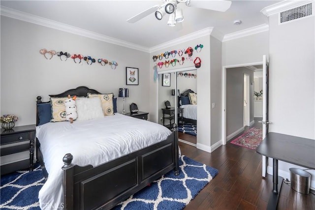 27705 Essex Pl, Valencia, CA 91354 - bedroom with ornamental molding, wood finished floors, a closet, and ceiling fan