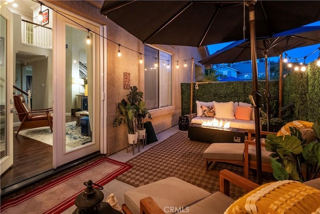 27705 Essex Pl, Valencia, CA 91354 - patio at twilight with an outdoor living space with a fire pit
