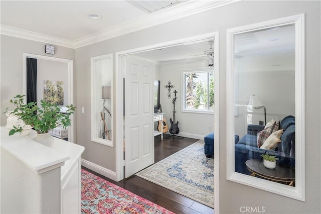 27705 Essex Pl, Valencia, CA 91354 - corridor featuring crown molding and dark wood-style flooring
