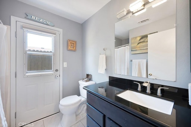 full bathroom with toilet, visible vents, and vanity