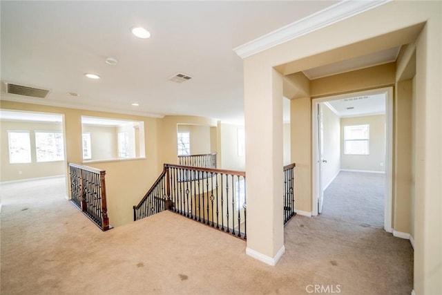 36368 Par Ln, Beaumont, CA 92223 - hallway with carpet flooring, an upstairs landing, ornamental molding, baseboards, and recessed lighting