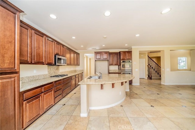 36368 Par Ln, Beaumont, CA 92223 - kitchen with appliances with stainless steel finishes, recessed lighting, a sink, light tile patterned floors, and light stone counters