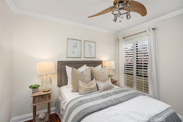 27869 Mazagon Unit 111, Mission Viejo, CA 92692 - bedroom with baseboards, crown molding, wood finished floors, and a ceiling fan