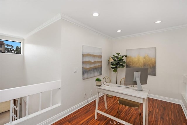 27869 Mazagon Unit 111, Mission Viejo, CA 92692 - office area featuring wood finished floors, baseboards, crown molding, and recessed lighting